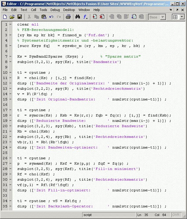 Script zur Demonstration  der Bandweiten-Reduktion und der Fill-In-Reduktion mit Matlab