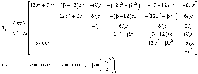 Elementsteifigkeitsmatrix des ebenen biege- und dehnsteifen Rahmenelements, bezogen auf das globale Koordinatensystem