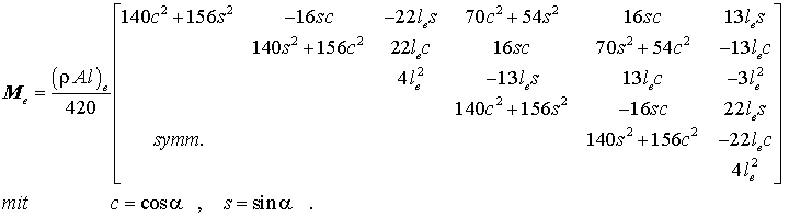 Elementmassenmatrix des ebenen biege- und dehnsteifen Rahmenelements, bezogen auf das globale Koordinatensystem