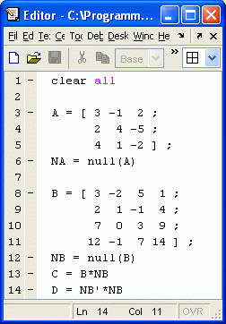 Matlab-Script: Berechnung der "Nullraum-Basis" fr zwei kleine Matrizen