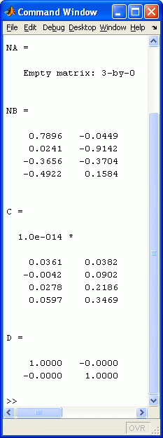 Ergebnis der Berechnung mit dem Matlab-Script zur Berechnung der "Nullraum-Basis" fr zwei kleine Matrizen