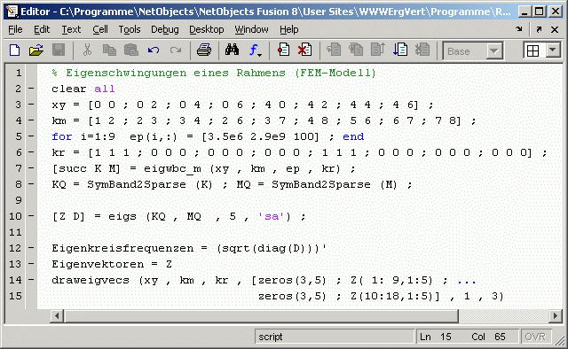 Matlab-Script fr die Berechnung der Eigenschwingungen eines ebenen biege- und dehnsteifen Rahmens