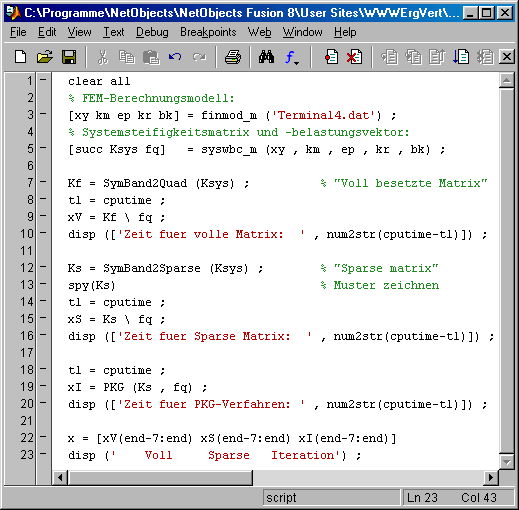 Matlab-Script zur Lsung eines linearen Gleichungssystems mit voll besetzter Matrix, mit "Sparse matrix" (direkte Verfahren) und mit einem iterativen Verfahren