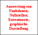 Auswertung von
Funktionen,
Nullstellen,
Extremwerte,
graphische
Darstellung